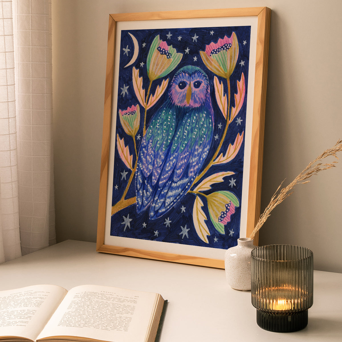 Midnight Owl Night Time Woodland Art Print
