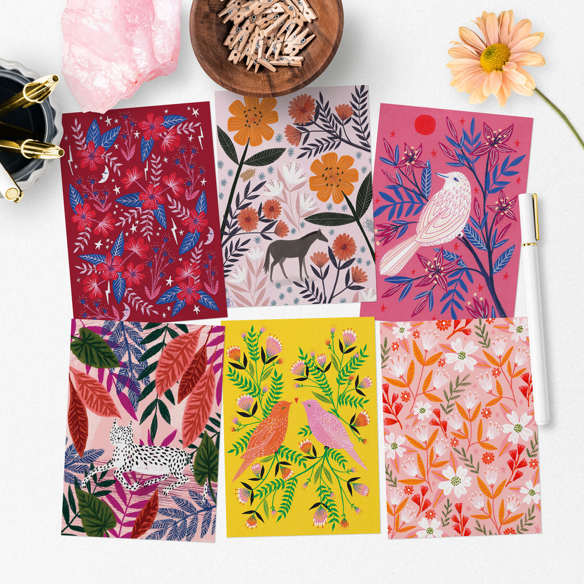 Animals and Florals Postcard Set - Pinks
