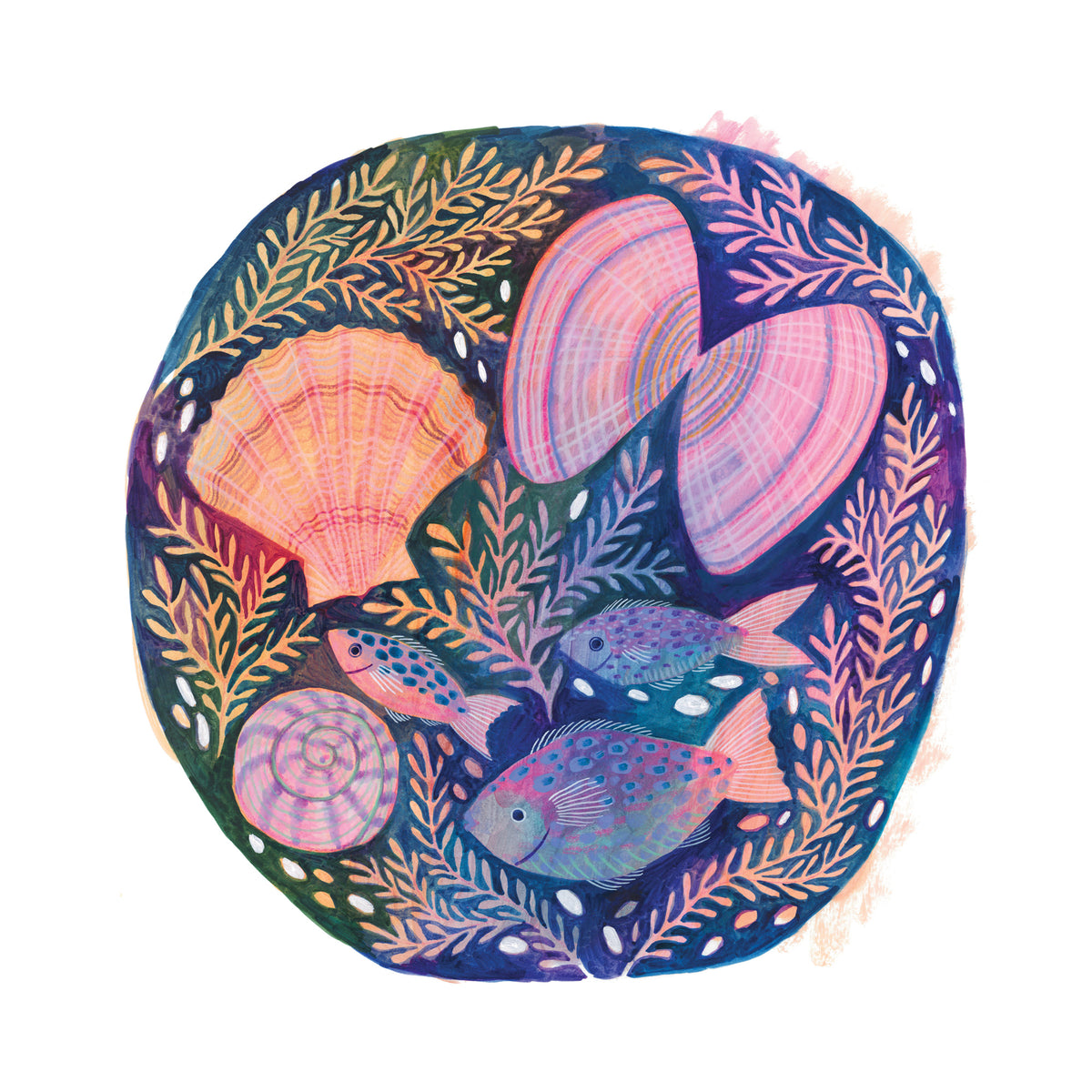 Mixed media painting of colourful fish and shells by Lee Foster-Wilson