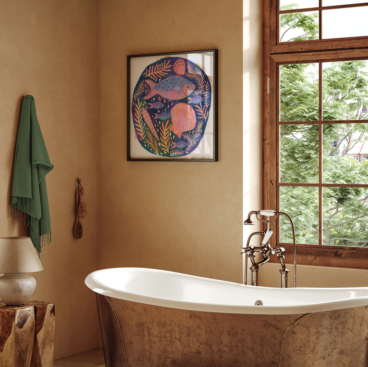 Art print of a colourful fish and shells painting by Lee Foster-Wilson displayed in a neutral bathroom