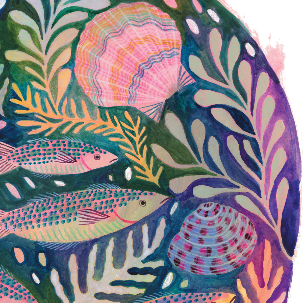 Close up of an art print of colourful fish, shells and sea anemone by Lee Foster-Wilson