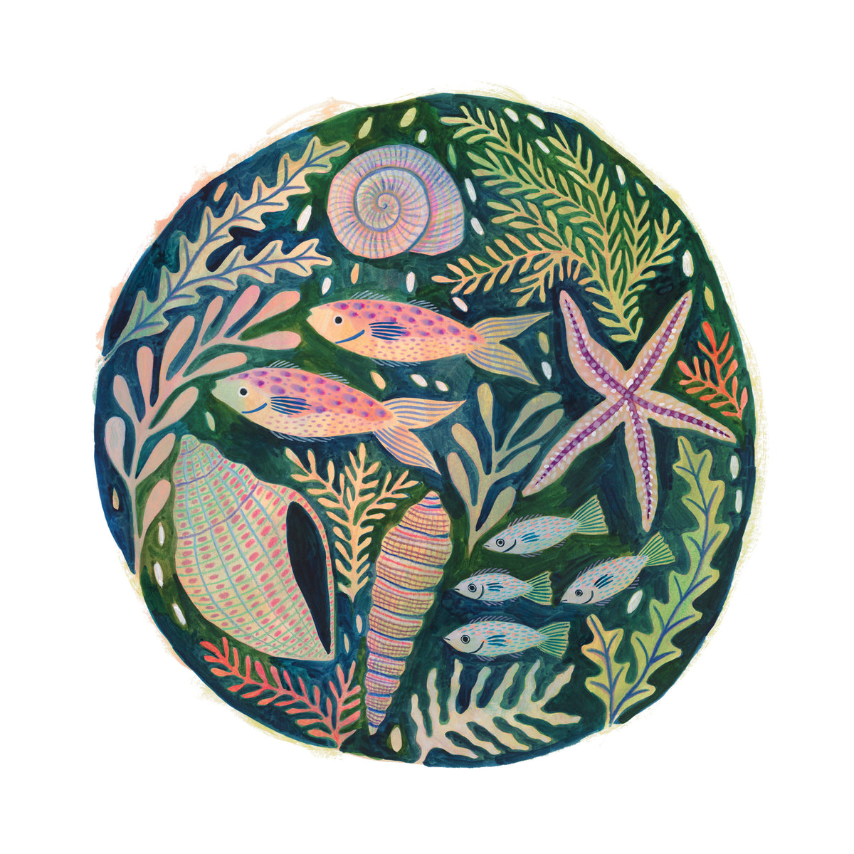 art print of an original painting by Lee Foster-Wilson of fish, shells, seaweed and starfish