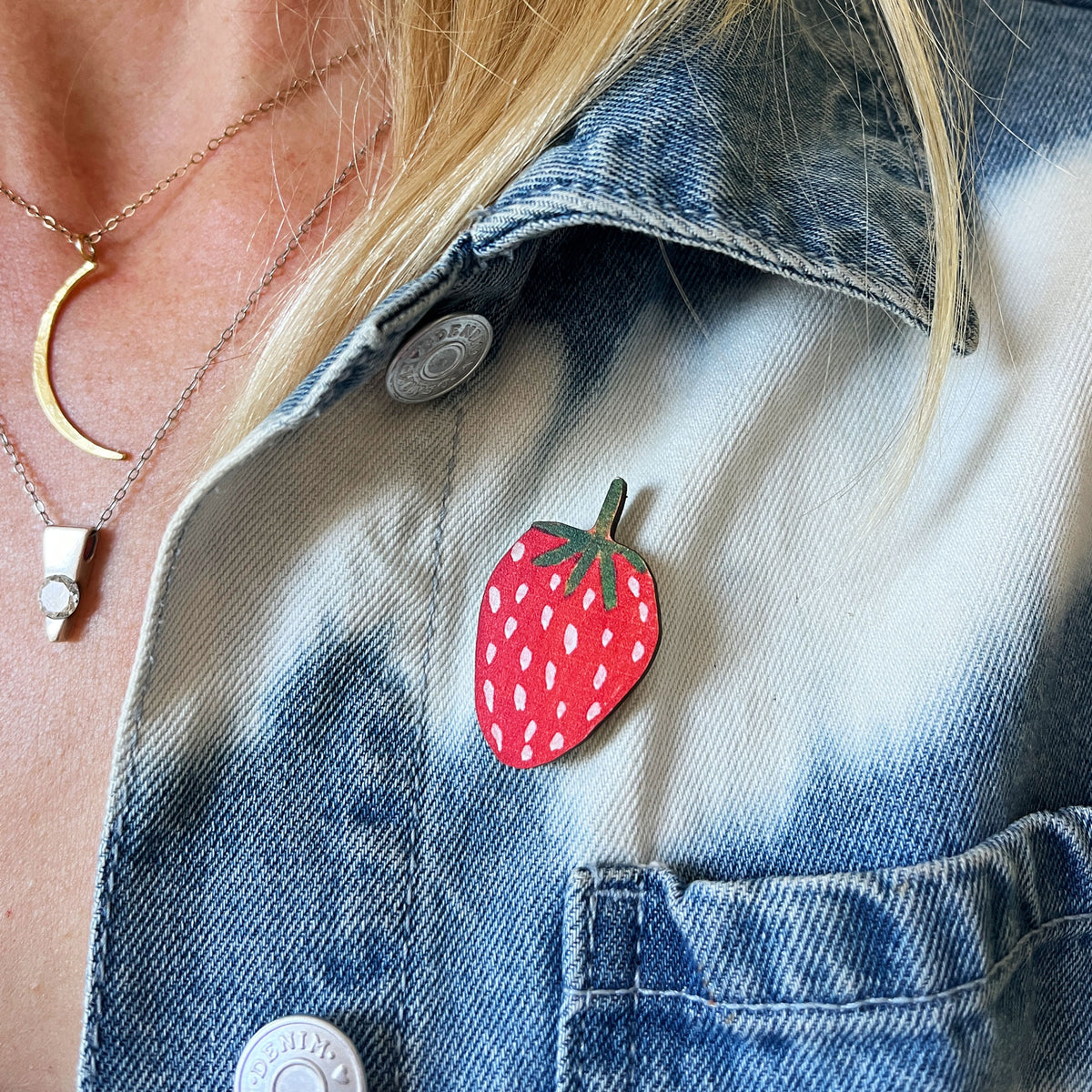 Strawberry Wooden Pin Badge