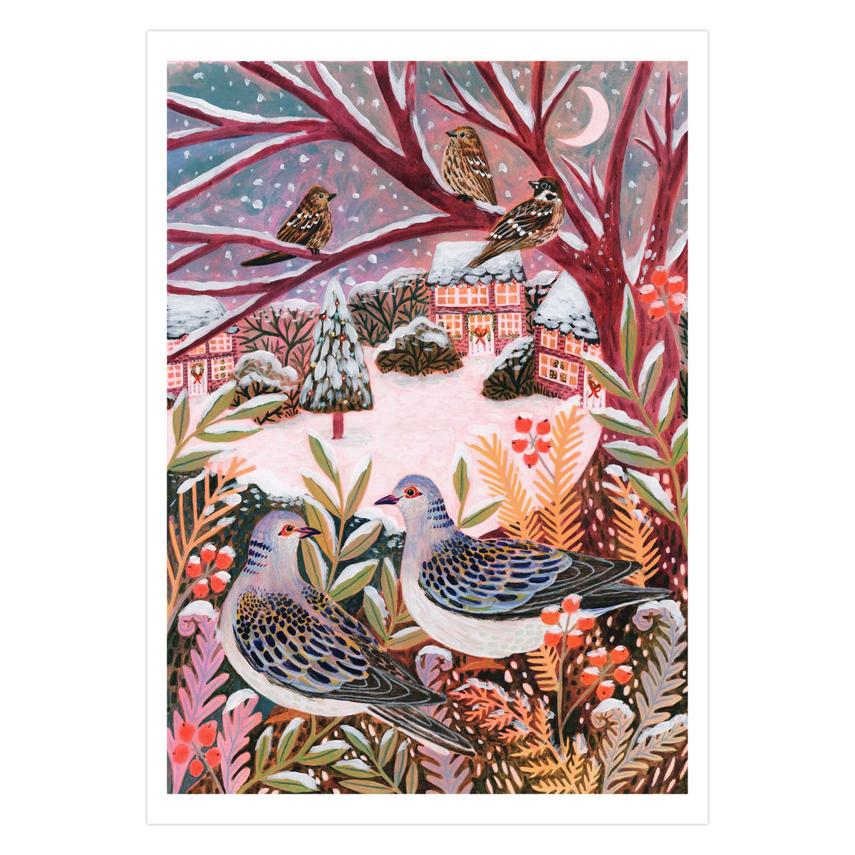 Turtle Doves Winter Landscape Art Print