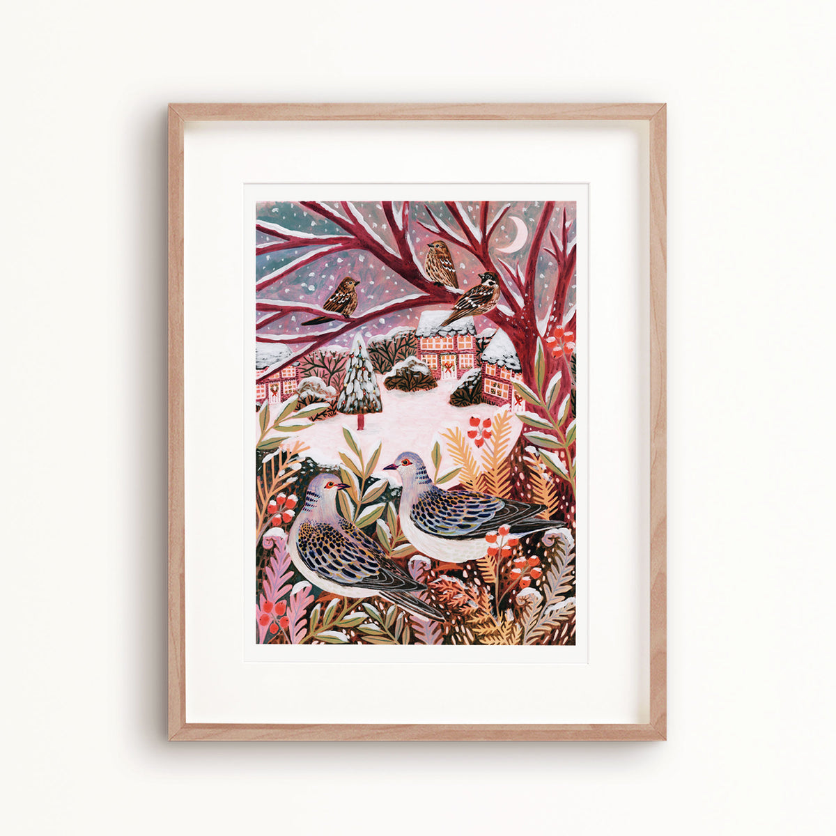 Turtle Doves Winter Landscape Art Print