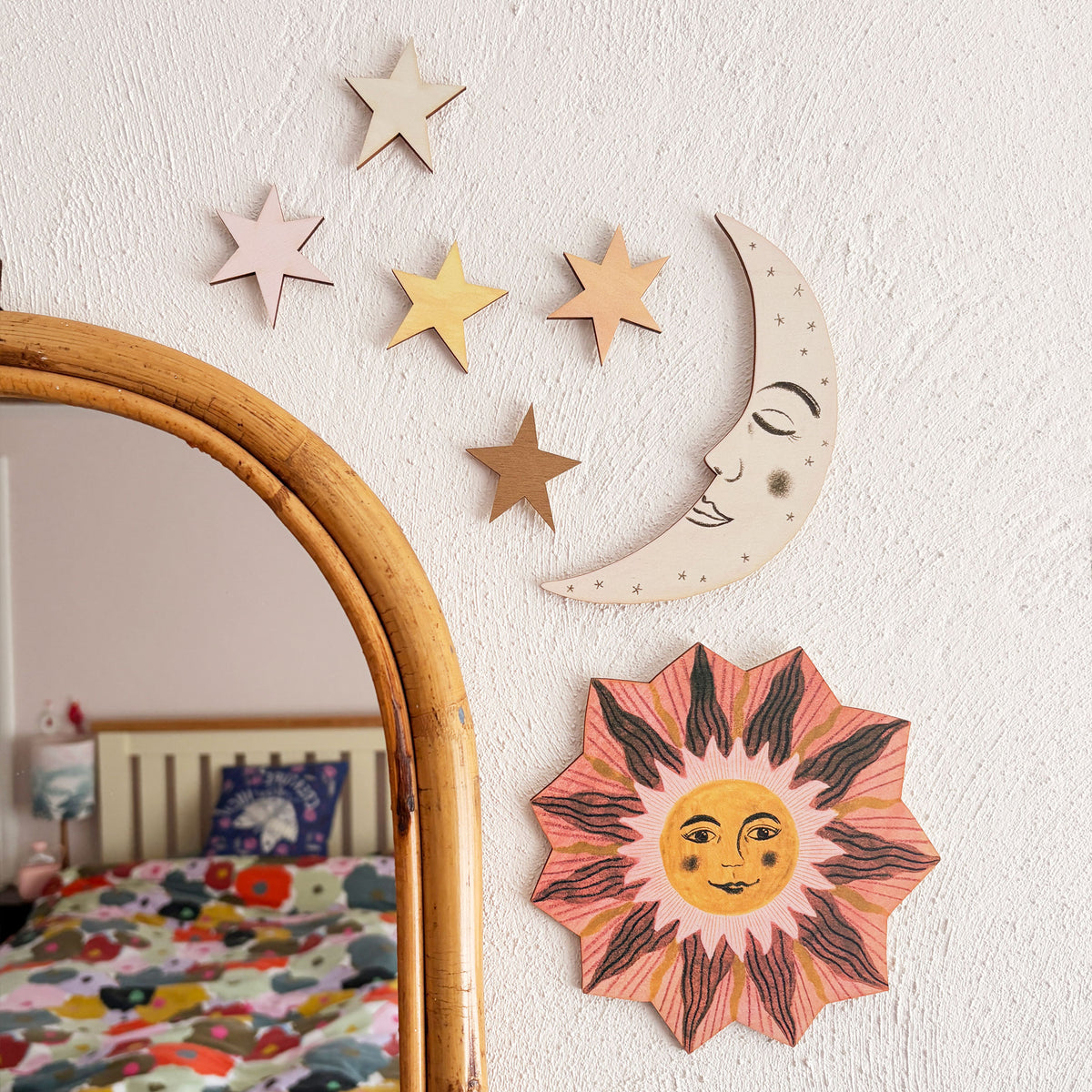 **NEW!** Wooden Sun, Moon and Stars Wall Decorations - Peach and Green