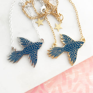 Flying Bird Enamel Necklace - Dark Blue