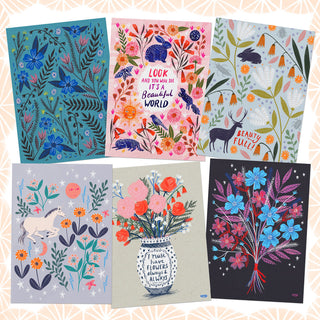 Animals and Florals Postcard Set - Blues