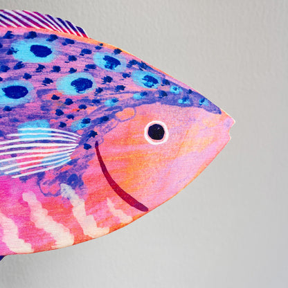 Close up of a large wooden fish decoration by Lee Foster-Wilson
