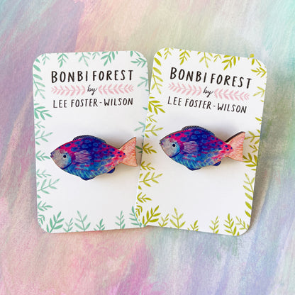 Blue Fish Wooden Pin Badge