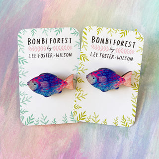 Blue Fish Wooden Pin Badge