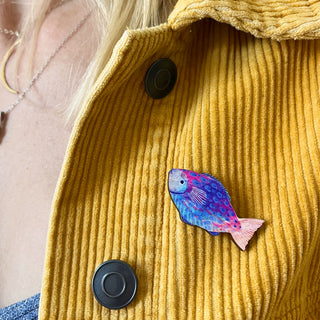 Blue Fish Wooden Pin Badge