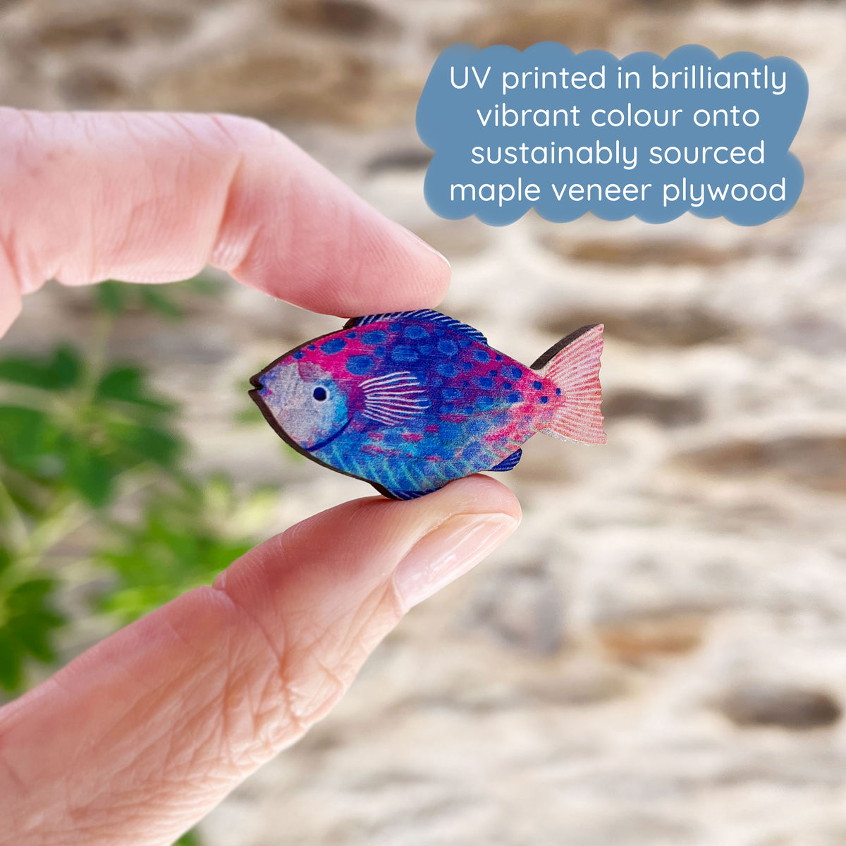 Blue Fish Wooden Pin Badge