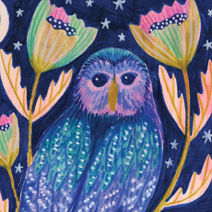 Midnight Owl Night Time Woodland Art Print