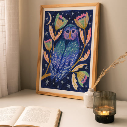 Midnight Owl Night Time Woodland Art Print