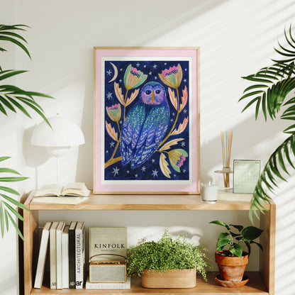 Midnight Owl Night Time Woodland Art Print