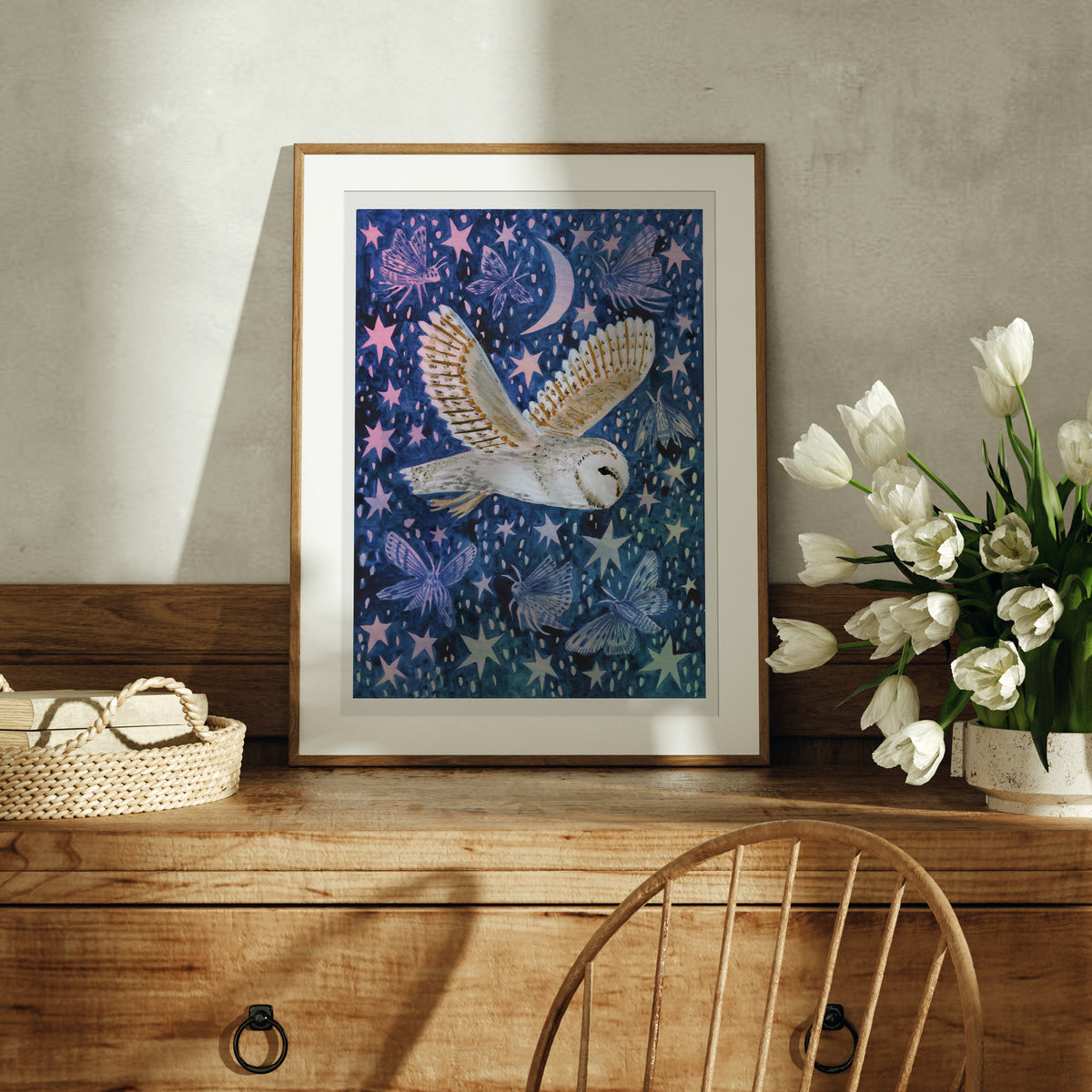Barn Owl and Moths Art Print