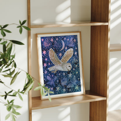 Barn Owl and Moths Art Print