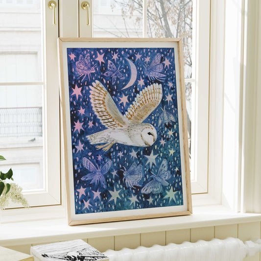 Barn Owl and Moths Art Print