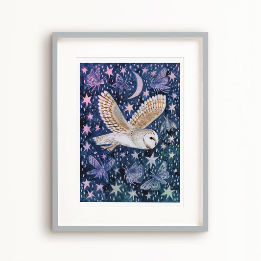Barn Owl and Moths Art Print