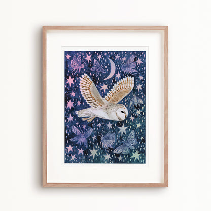 Barn Owl and Moths Art Print