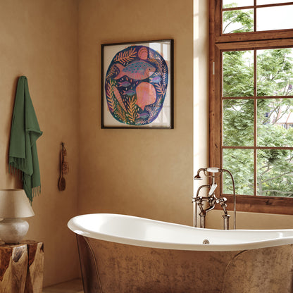 Art print of a colourful fish and shells painting by Lee Foster-Wilson displayed in a neutral bathroom