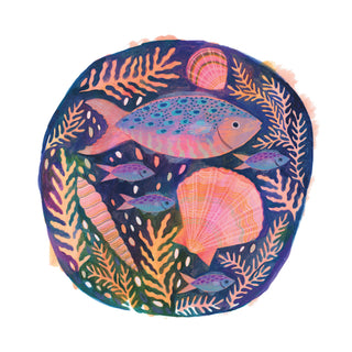 Art print of a colourful fish and shells painting by Lee Foster-Wilson 