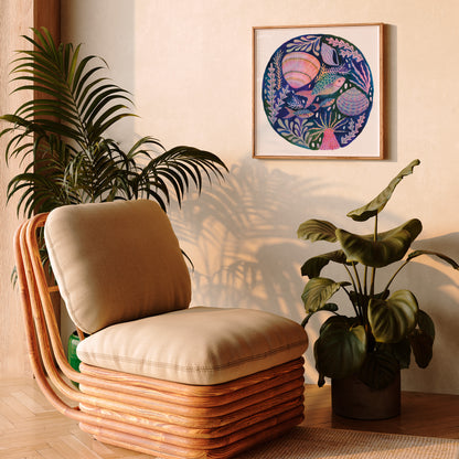 art print of colourful fish, shells and sea anemone by Lee Foster-Wilson displayed in a sunlit retro living room