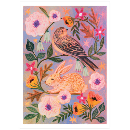 Spring Vine Rabbit and Bird Art Print