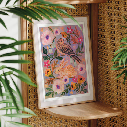 Spring Vine Rabbit and Bird Art Print