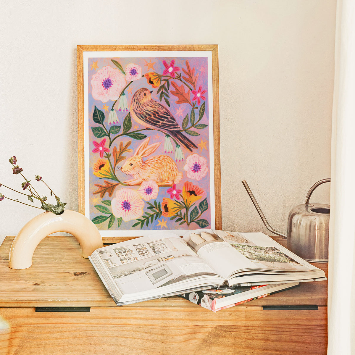 Spring Vine Rabbit and Bird Art Print