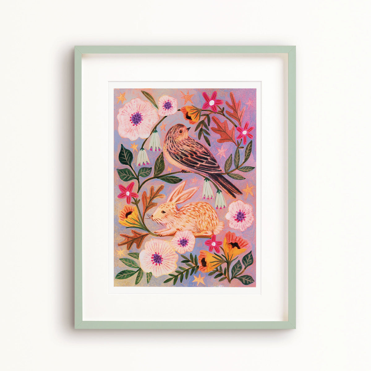Spring Vine Rabbit and Bird Art Print