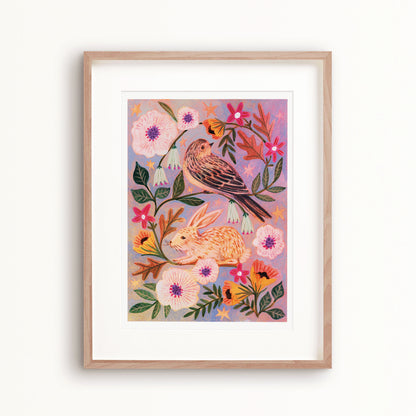 Spring Vine Rabbit and Bird Art Print