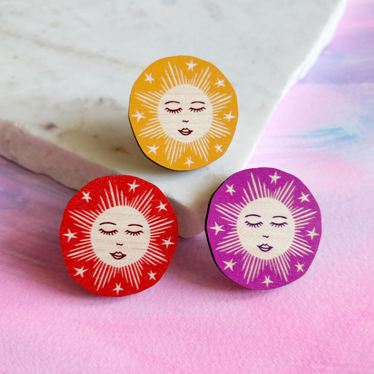 Colourful Sun Wooden Pin Badge