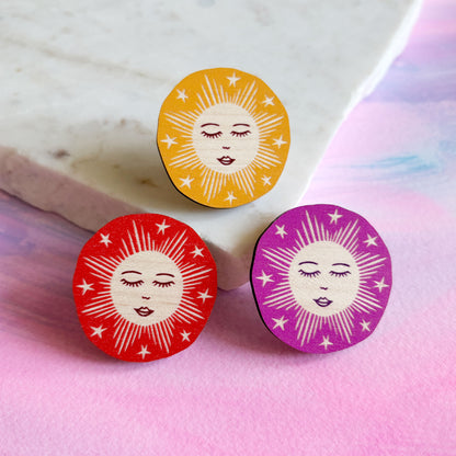 Colourful Sun Wooden Pin Badge