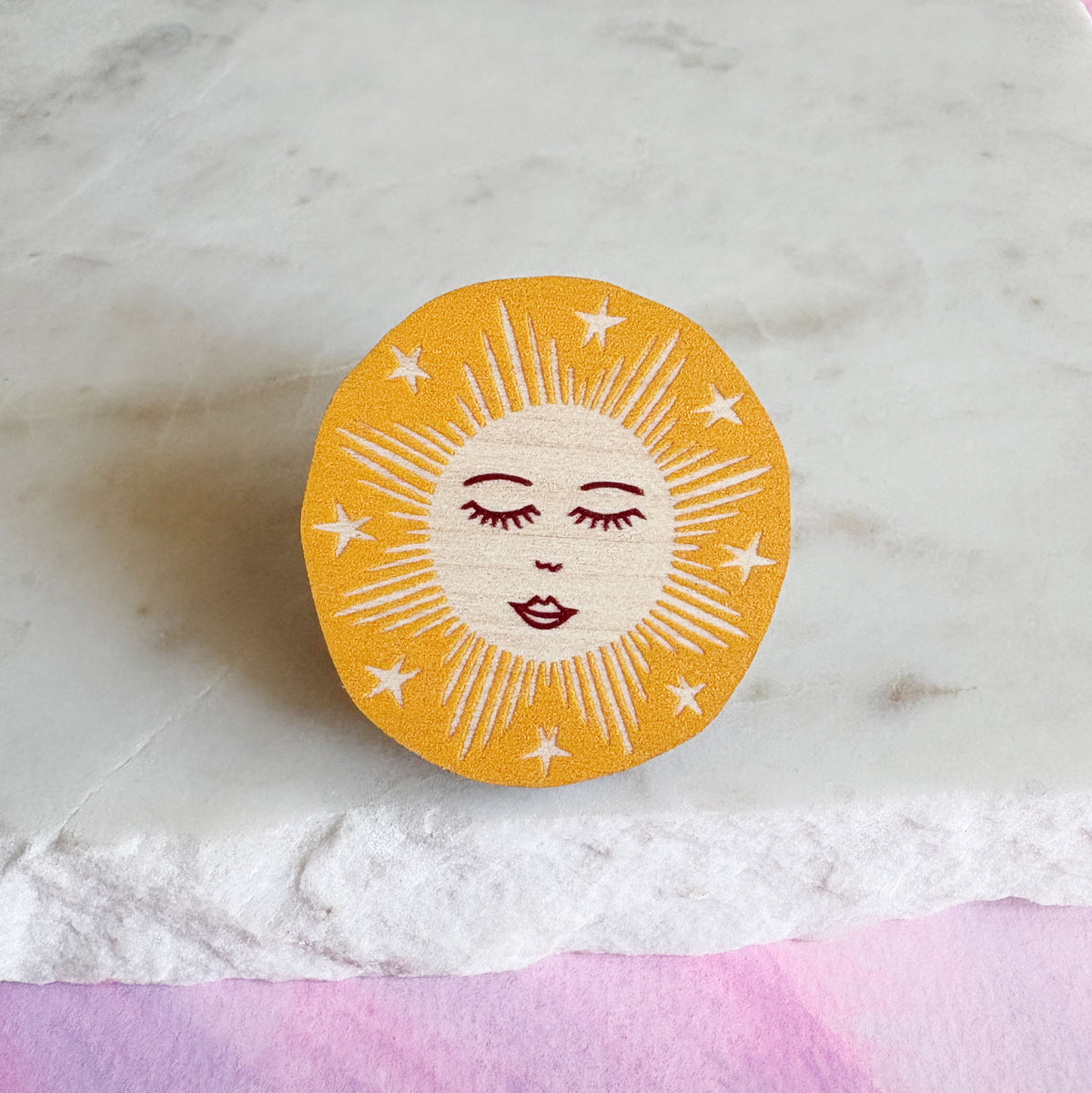 Colourful Sun Wooden Pin Badge