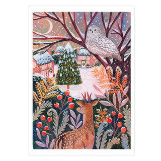 **NEW!** Deer and Snowy Owl Winter Landscape Art Print