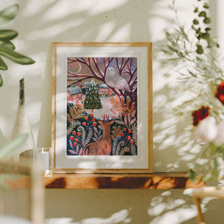 **NEW!** Deer and Snowy Owl Winter Landscape Art Print