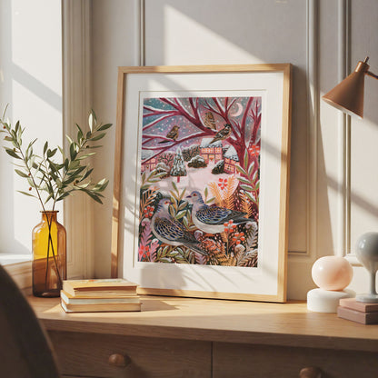 Turtle Doves Winter Landscape Art Print