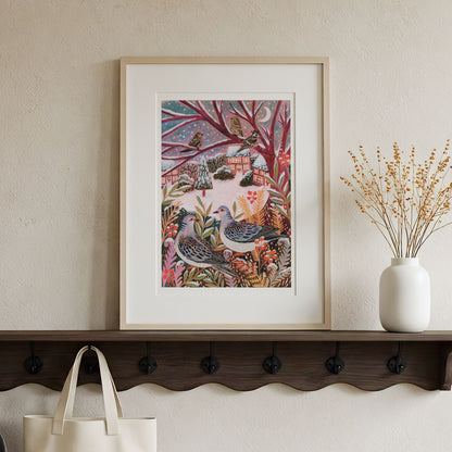 Turtle Doves Winter Landscape Art Print