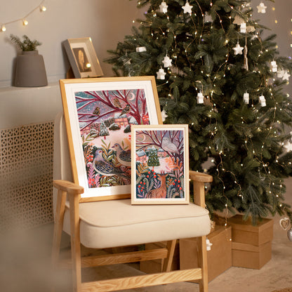 Turtle Doves Winter Landscape Art Print