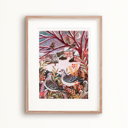 Turtle Doves Winter Landscape Art Print