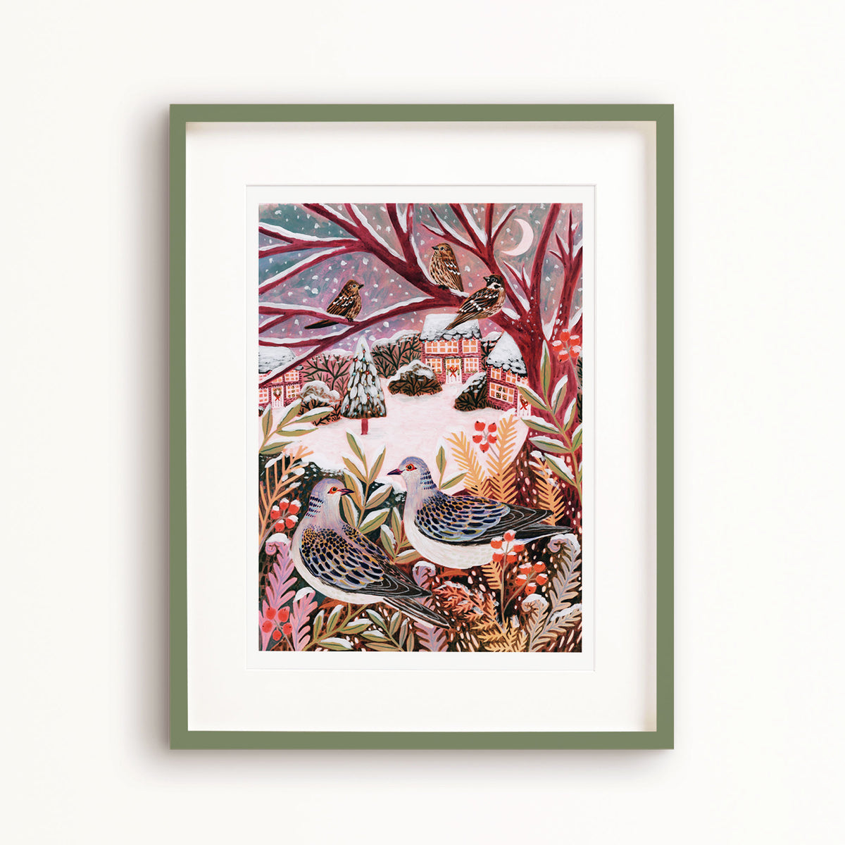 Turtle Doves Winter Landscape Art Print
