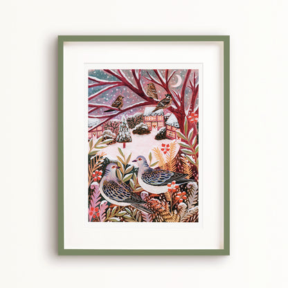 Turtle Doves Winter Landscape Art Print
