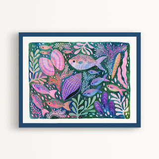 Original painting my Lee Foster-Wilson of colourful fish, shells and seaweed displayed in a dark blue frame