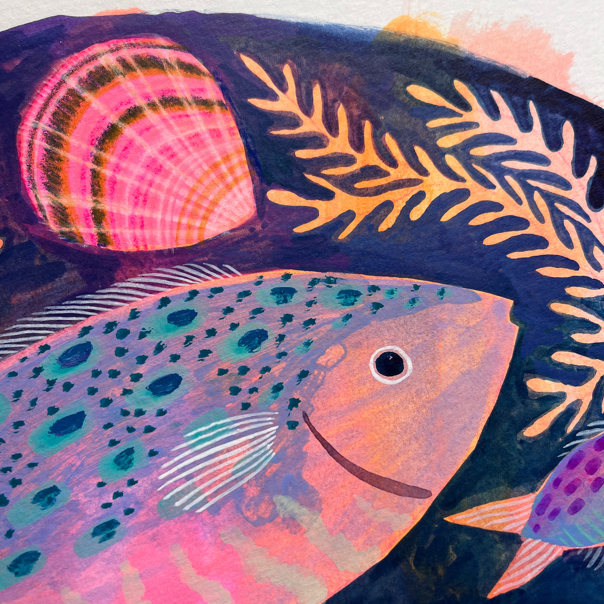 Close up of an art print of an original painting of fish and shells by Cornwall artist Lee Foster-Wilson