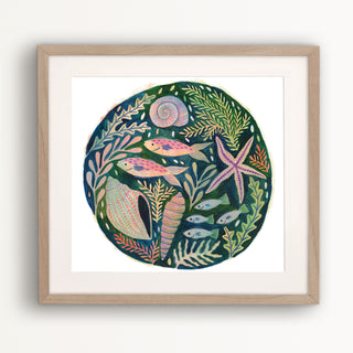 Original painting by Lee Foster-Wilson of fish, shells and starfish displayed in a wooden frame