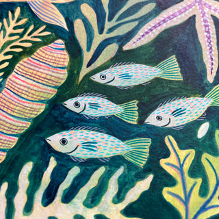 Close up of an original painting by Lee Foster-Wilson of fish