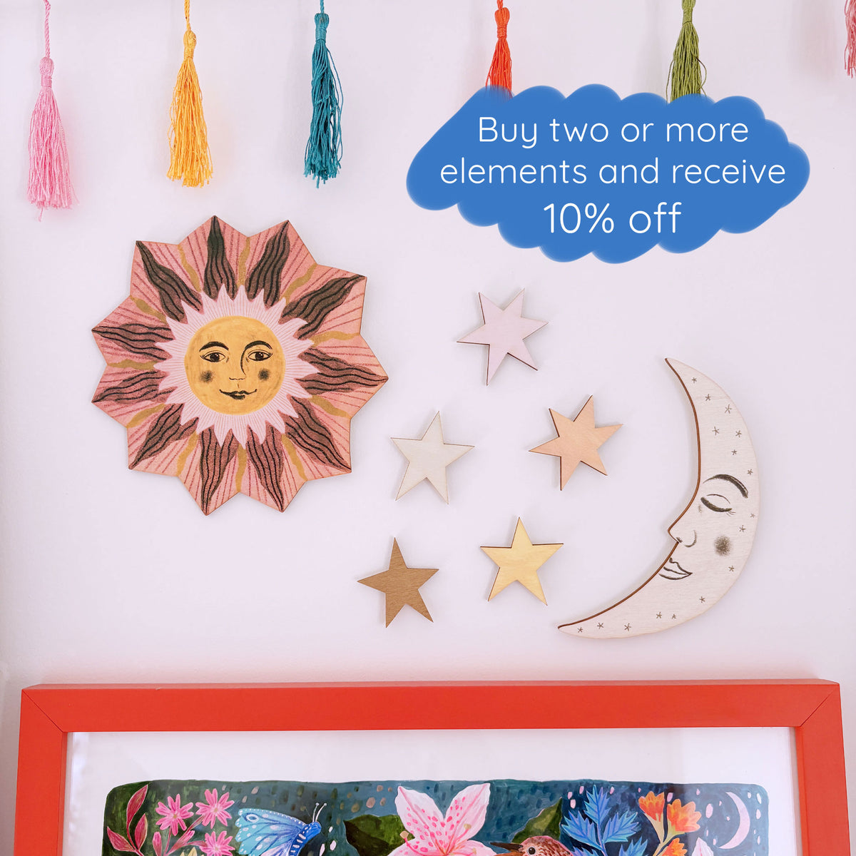 **NEW!** Wooden Sun, Moon and Stars Wall Decorations - Peach and Green
