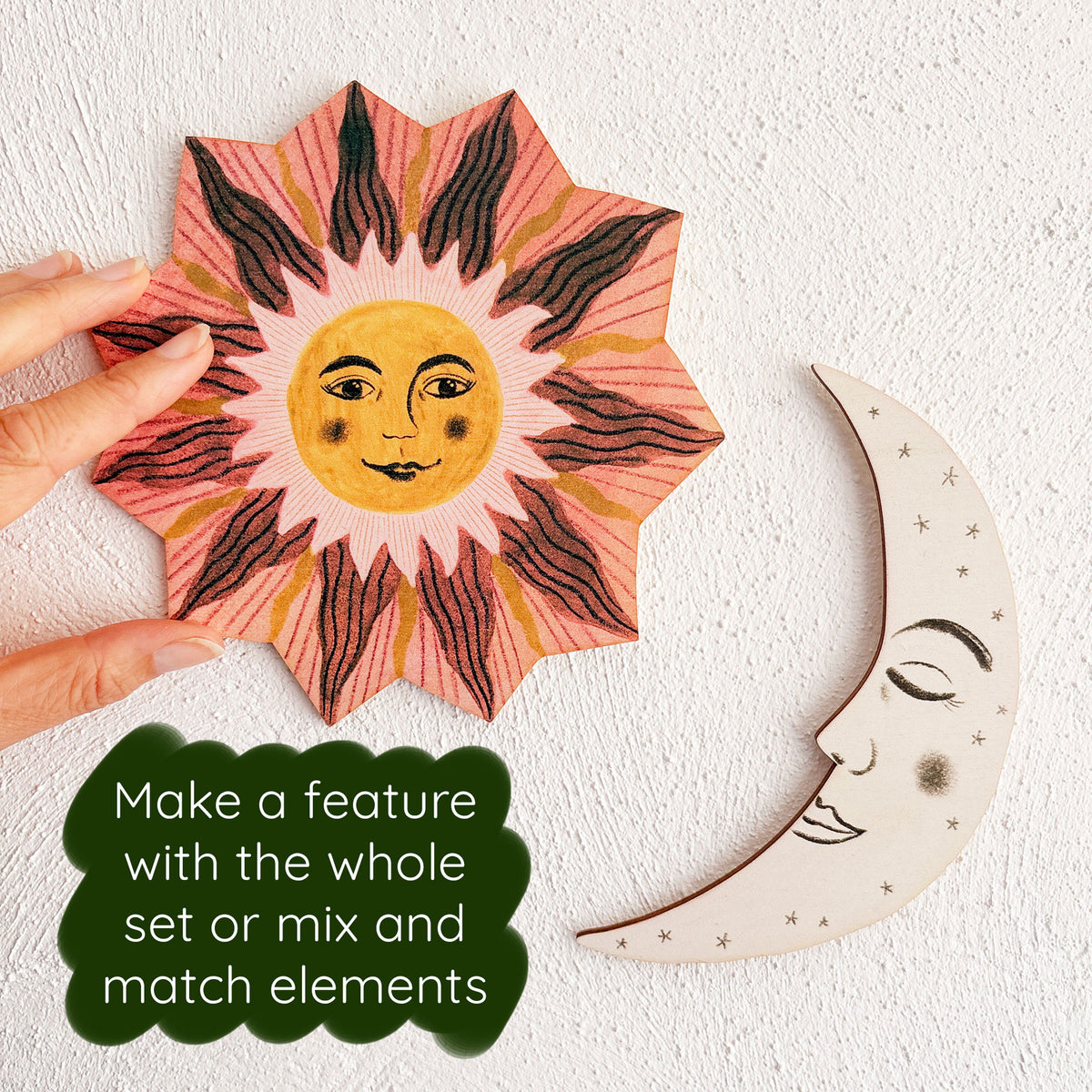 **NEW!** Wooden Sun, Moon and Stars Wall Decorations - Peach and Green